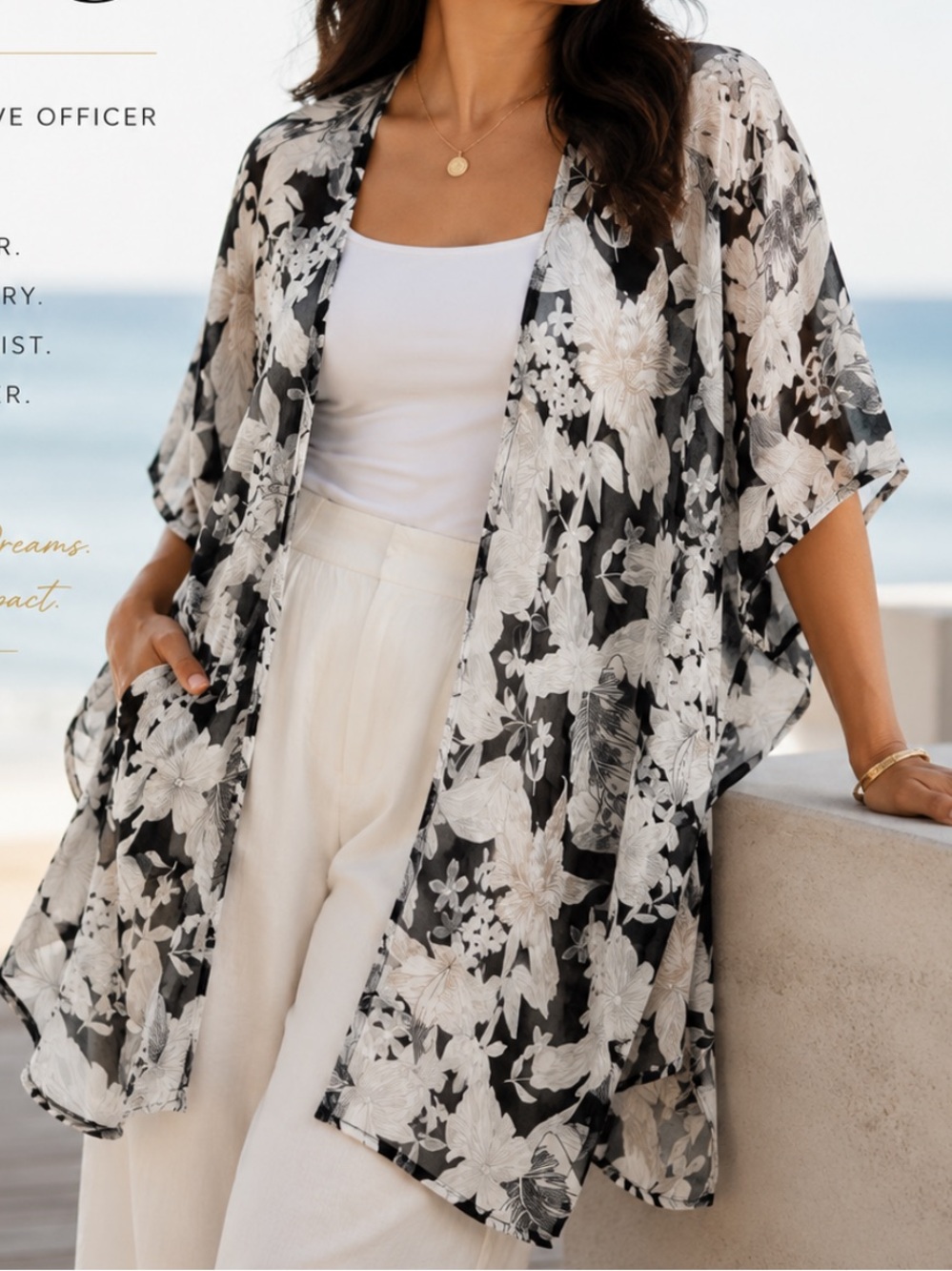 Cejon Black White Floral Kimono Cardigan Womens One Size Sheer Open Front Boho